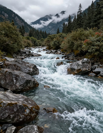 River in the Himalayas, Annapurna Conservation Area, Nepalの写真素材
