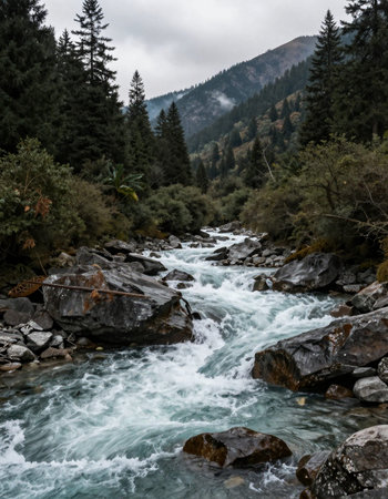 Mountain river in Himalayas, Nepal. Shallow depth of field.の写真素材