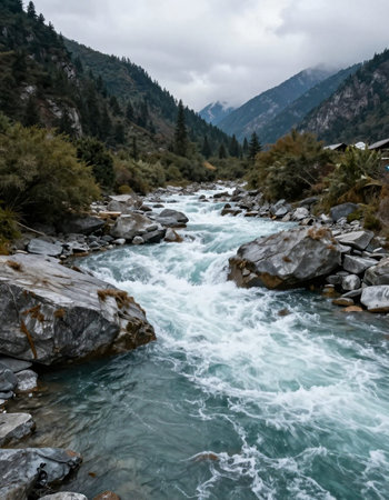 Mountain river in Nepal. The concept of active and photo tourism