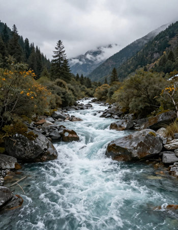 Mountain river in the Himalayas, Annapurna Circuit Trek, Nepalの写真素材