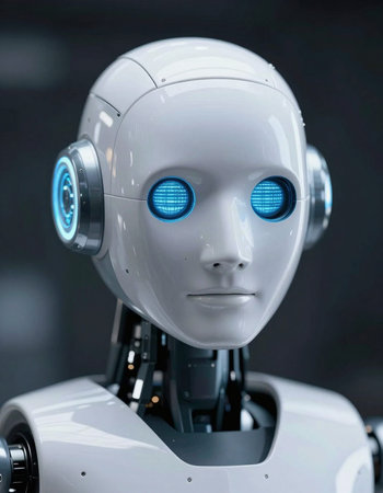 3d rendering humanoid robot with blue eyes on black background, artificial intelligence concept
