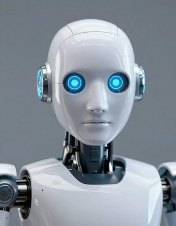 3d rendering humanoid robot with blue eyes on gray background, artificial intelligence conceptの写真素材