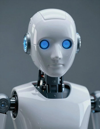 Robot with blue eyes on grey background. Artificial intelligence concept.