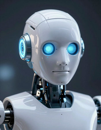 Robot with blue light. Artificial intelligence concept. 3D Renderingの写真素材