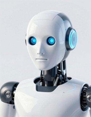 3d rendering robot or cyborg with blue eyes on white background