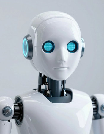 Robot with blue eyes. Artificial intelligence concept. 3d rendering