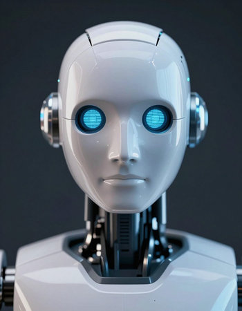 Robot head with blue eyes on a gray background. 3d renderingの写真素材