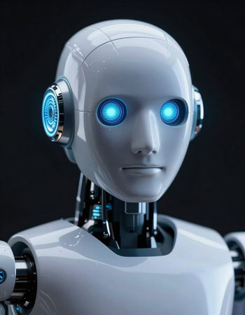 3d rendering humanoid robot with big blue eyes isolated on black backgroundの写真素材