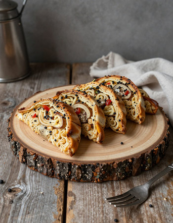 Puff pastry stuffed with zucchini, tomatoes and cheese on a wooden boardの写真素材