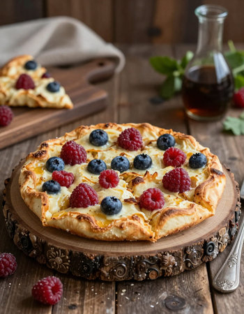 Cheesecake with raspberries and blueberries on wooden backgroundの写真素材