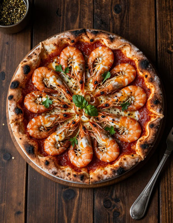 Pizza with tiger prawns and sesame seeds on wooden backgroundの写真素材