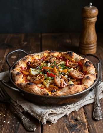 Pizza with mushrooms and vegetables in a frying pan on a dark backgroundの写真素材