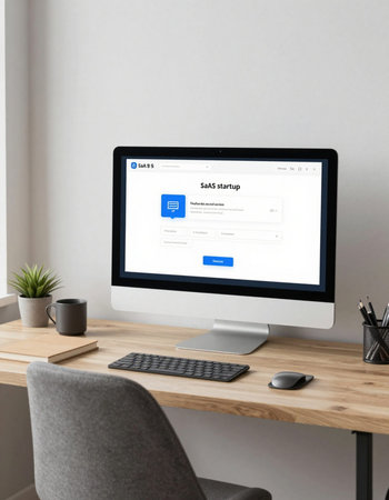close up view of modern workplace with personal computer and web site on screen