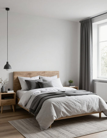 Interior of modern bedroom with white walls, wooden floor, comfortable king size bed with gray...