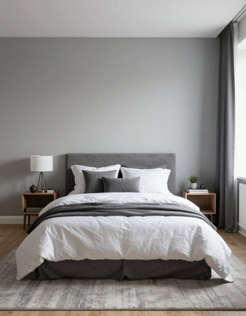 interior of modern bedroom with grey wall, nobody inside, nobody inside