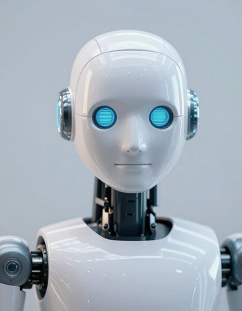 Humanoid robot on a gray background. Artificial intelligence and machine learning.の写真素材