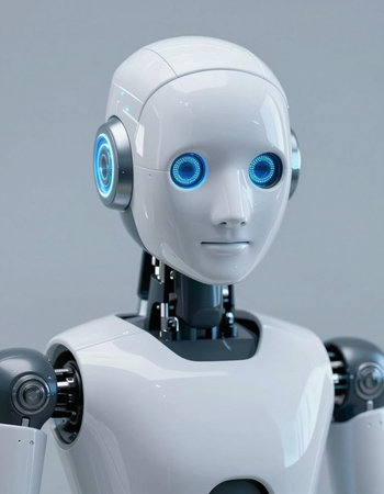 3d rendering humanoid robot with blue eyes on gray background, artificial intelligence concept