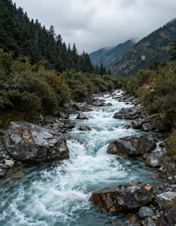 Mountain river in the Himalayas, Annapurna Conservation Area, Nepalの写真素材