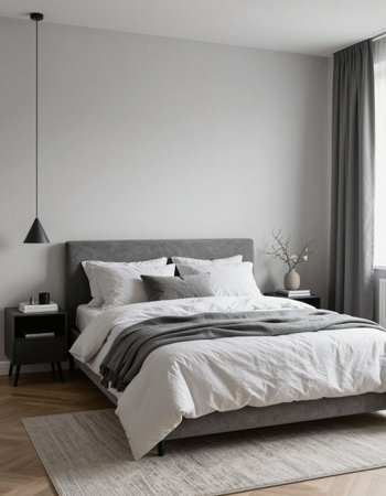 interior of modern bedroom with grey walls, carpet and comfortable bed