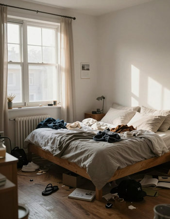 Interior of a bedroom with a bed and a bedside tableの写真素材