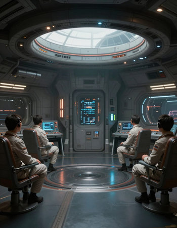 The interior of the control room of the space station in outer spaceの写真素材