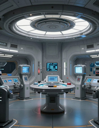 3D rendering of a spaceship interior with a view from the deck