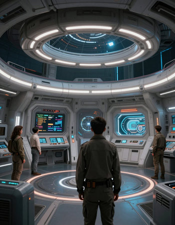 Space station interior with people looking at the monitors. 3D rendering