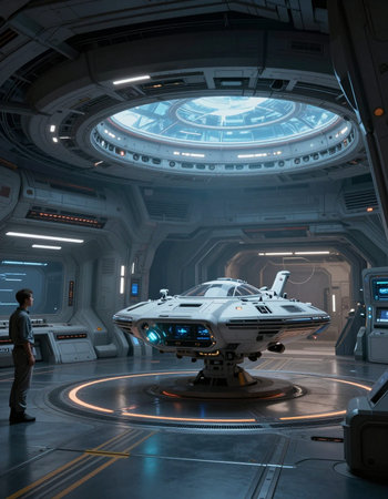 Space station interior with spaceship and alien flying saucer on the backgroundの写真素材