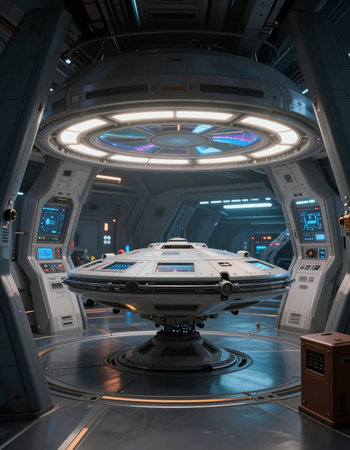 3D CG rendering of space ship interior with virtual reality glasses.の写真素材