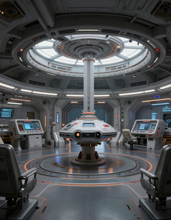 3D CG rendering of space ship in a futuristic space station.
