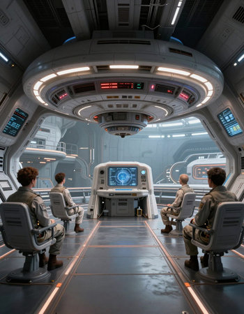 3d rendering of a futuristic control room with personnel monitoring systems.の写真素材