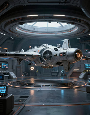 3D CG rendering of space ship in the spacecrafts room.の写真素材