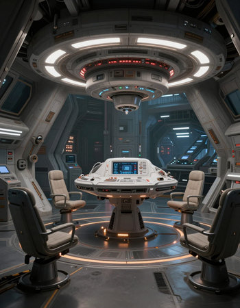 3D rendering of a spaceship interior with a view of the space station