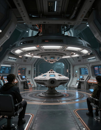 Space station interior with spaceship in the background. Futuristic space station.