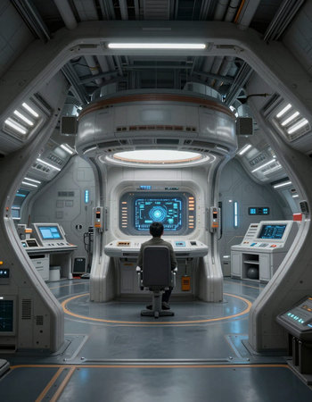 control room in a science fiction space station. 3D rendering.