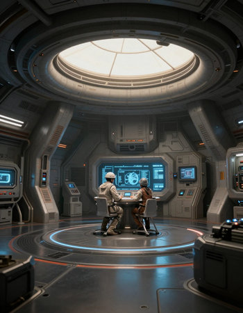 Space station interior with two pilots sitting on the table and discussing something