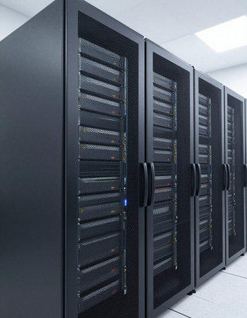 network server room with rows of hard drives 3d render image.