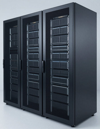3d render of a black server room with servers on a white background