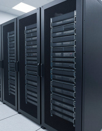 network server room with rows of black servers (3d render)