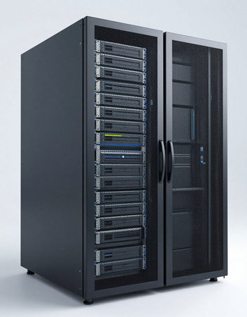 3d render of server hardware in a datacenter server room