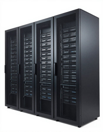 Black server racks isolated on white background. 3D render image.