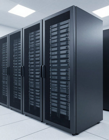 network server room data center with rows of server racks for digital data storage