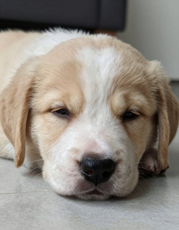 Retriever puppy lying on the floor and looking at the camera