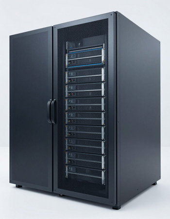 Black server in a room on a white background. The concept of storage.