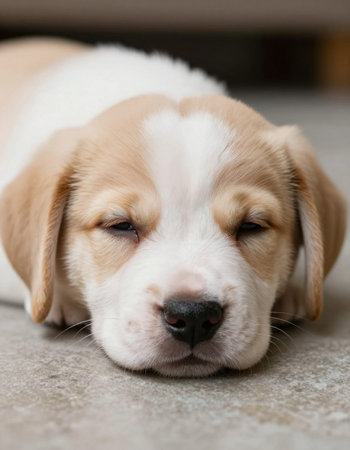 Cute beagle puppy sleeping on the floor. Close up.