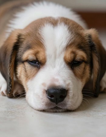 Beagle puppy is sleeping on the floor. Close-up.