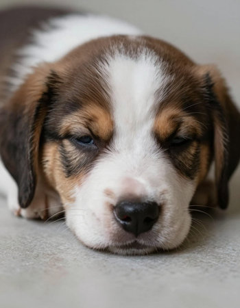 Portrait of a cute beagle puppy lying on the floor.