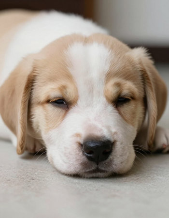 Beagle puppy sleeping on the floor, shallow depth of field.