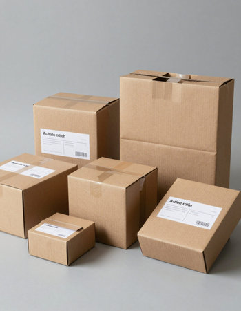 Cardboard boxes on grey background. Shipping and logistics concept. Mock up