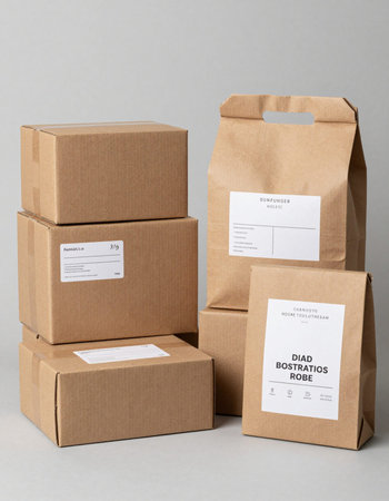Cardboard boxes on grey background.
